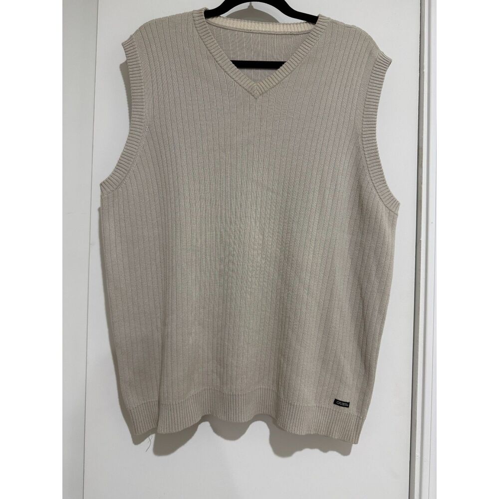 Guess Vintage V-Neck Ribbed Knit Sweater Vest Beige Tan Cream Oversized